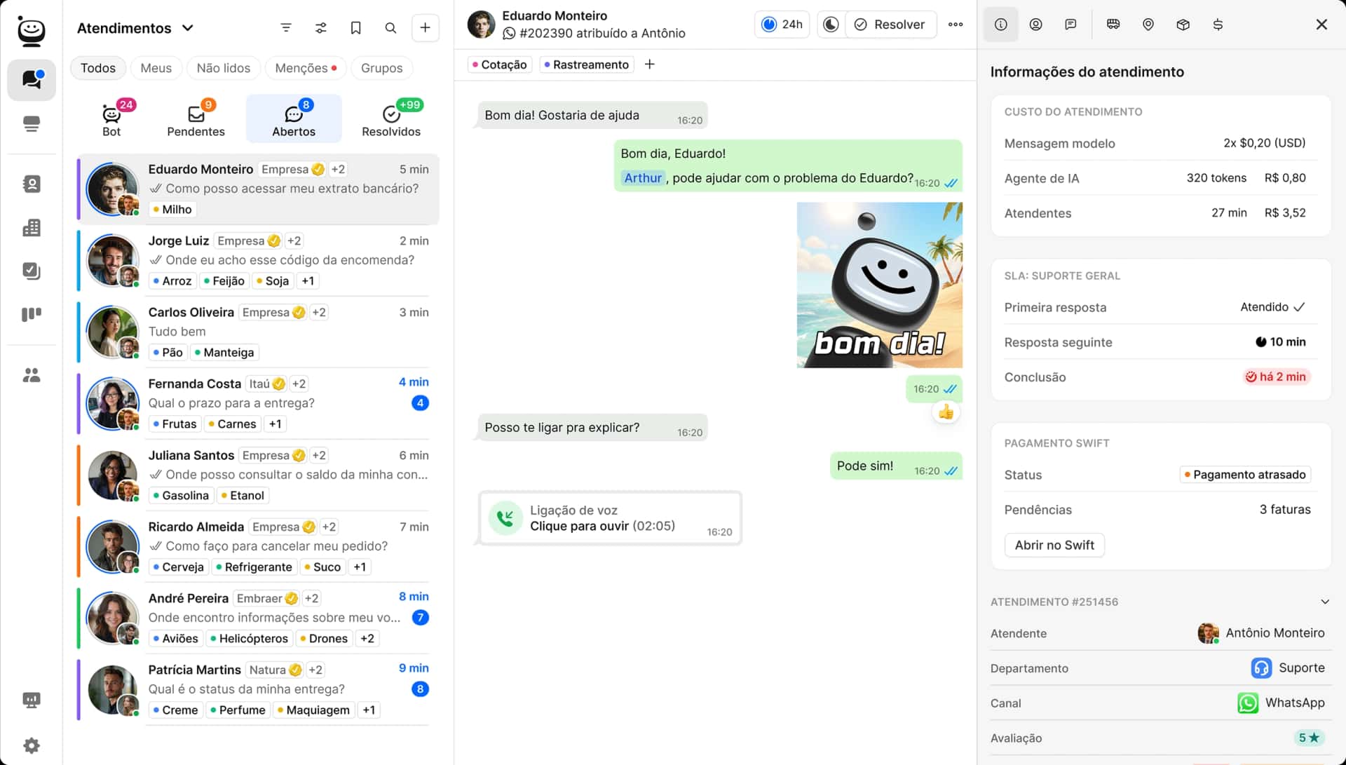 Plataforma de atendimento ao cliente do Sacflow, com filas, conversas, SLA e dados do atendimento em uma só tela