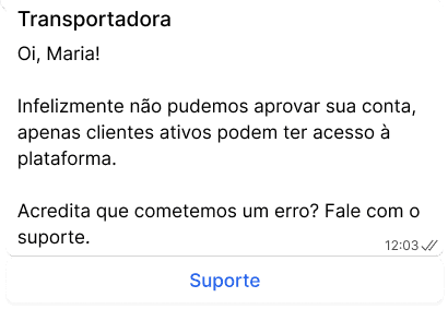 Mensagem de reprovação de conta ao cliente