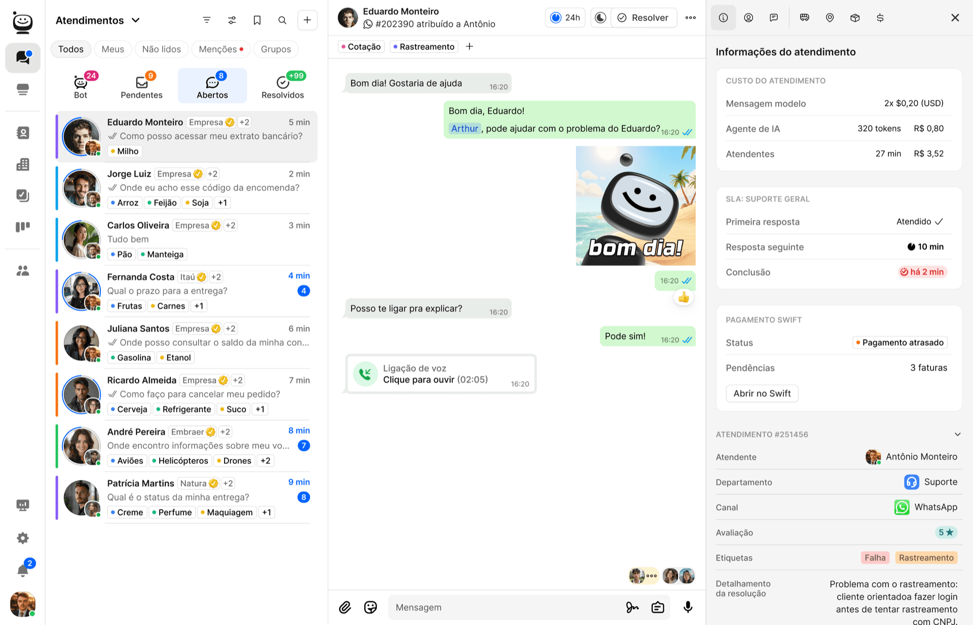 Interface da central de atendimento Sacflow com conversas e filas