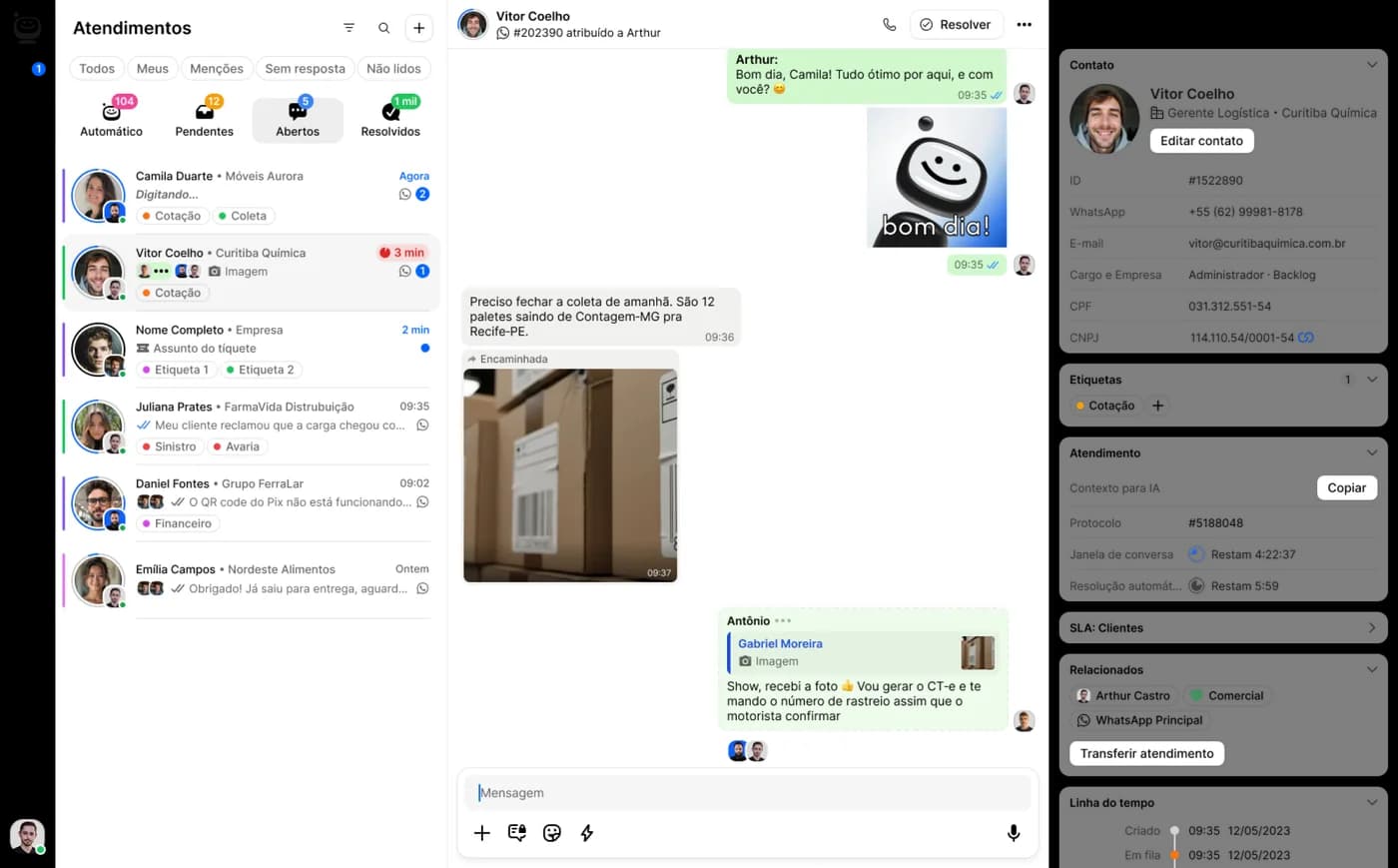 Tela de atendimentos e conversas do Sacflow