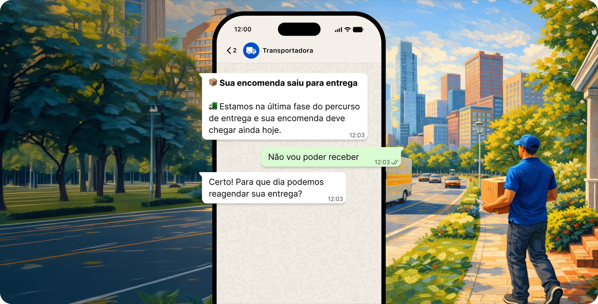 Conversa no WhatsApp: o aviso de saída para entrega, o cliente respondendo que não poderá receber e o agente propondo o reagendamento.