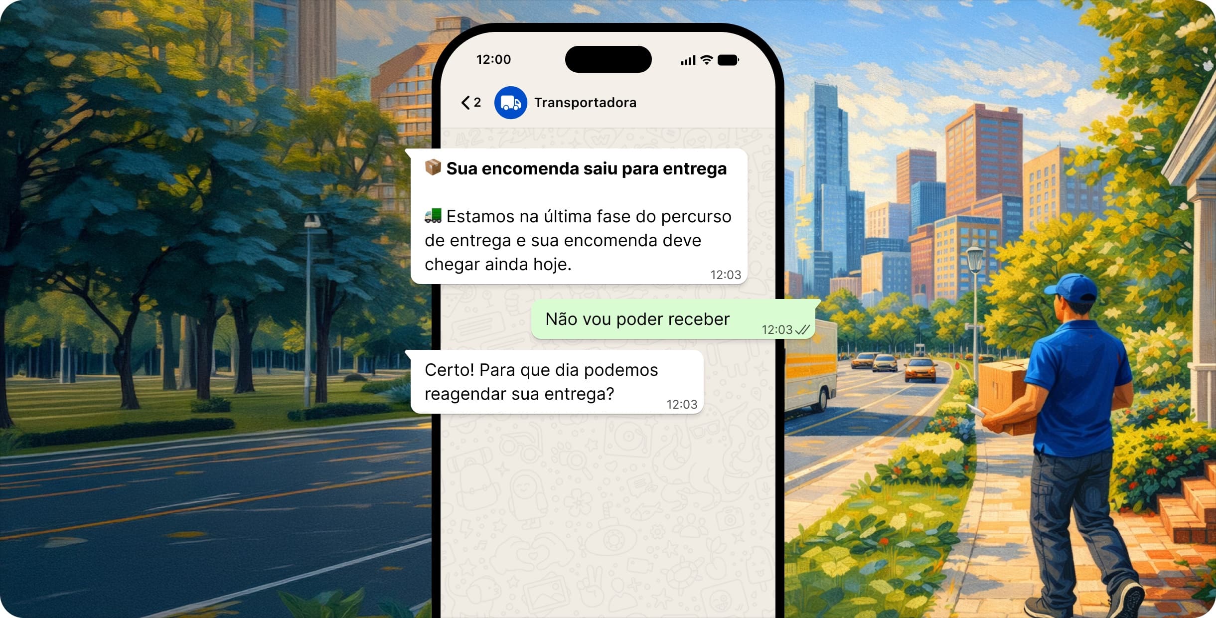 Conversa no WhatsApp: o aviso de saída para entrega, o cliente respondendo que não poderá receber e o agente propondo o reagendamento.
