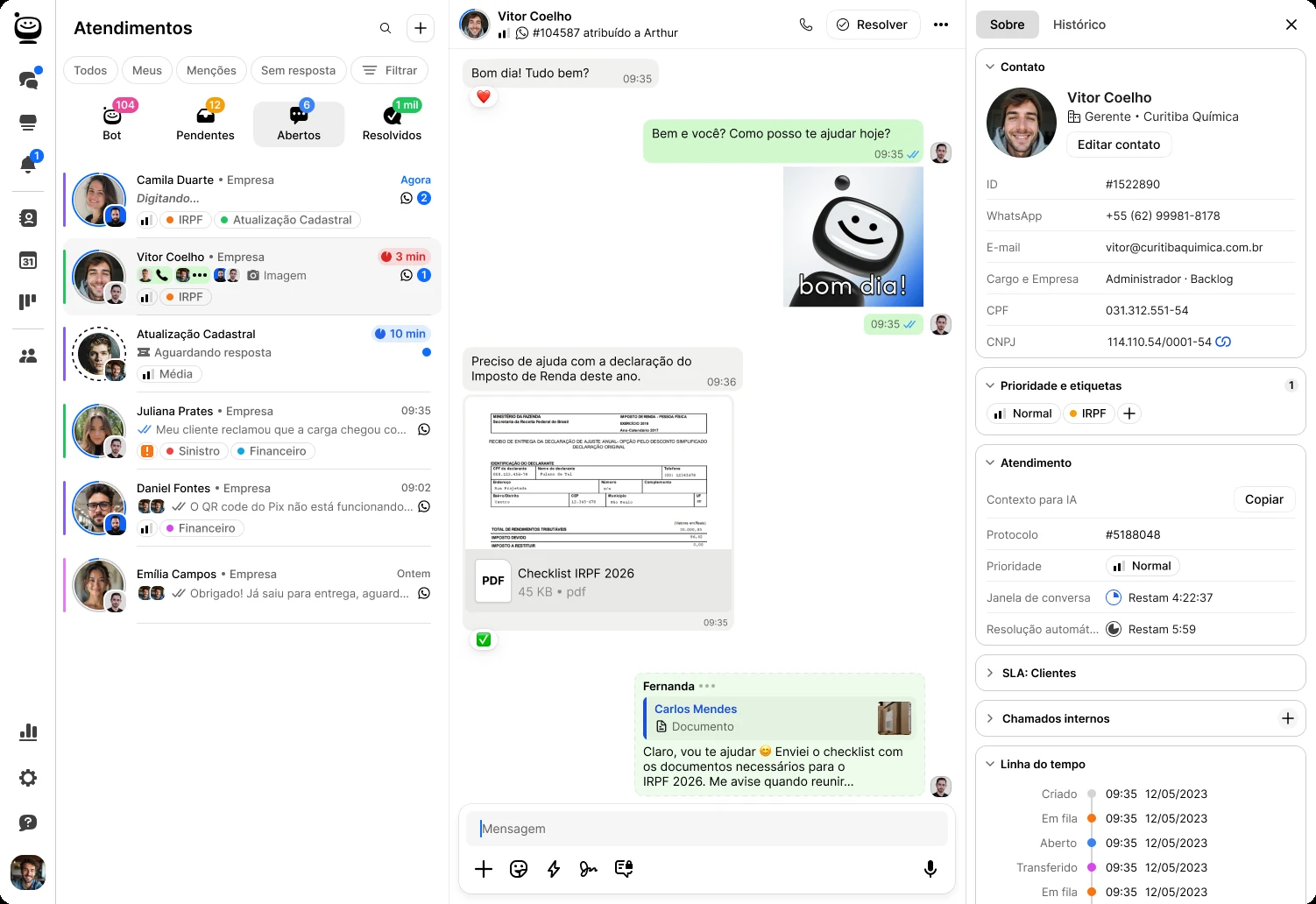 Tela de atendimentos do Sacflow com conversa de WhatsApp aberta e dados do contato