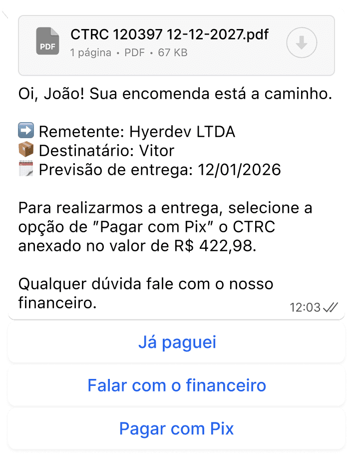 Mensagem de cobrança de frete à vista com anexo CTRC e botões de resposta