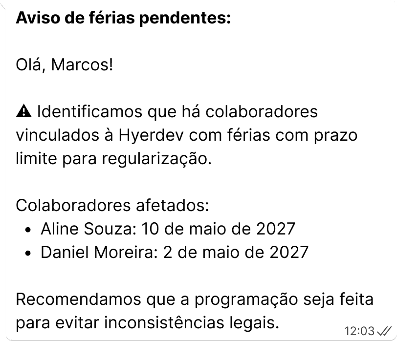 Mensagem de aviso de vencimento de férias com lista de colaboradores afetados