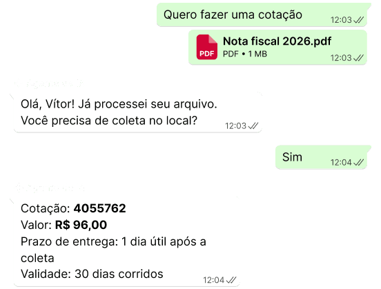 Conversa de cotação de frete por WhatsApp