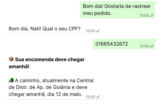 Conversa de rastreamento de encomenda por WhatsApp